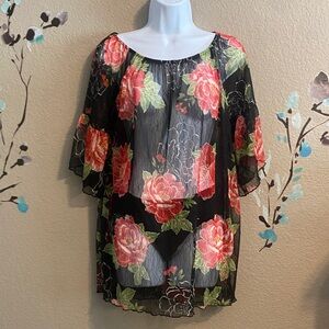 Floral mesh black sheer top M